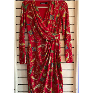 Lauren Ralph Lauren womens dress size 2 red v neck faux wrap long sleeve paisley
